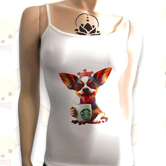 chihuahua take a coffe ,tank top , camisole brand new , - Picture 2 of 4